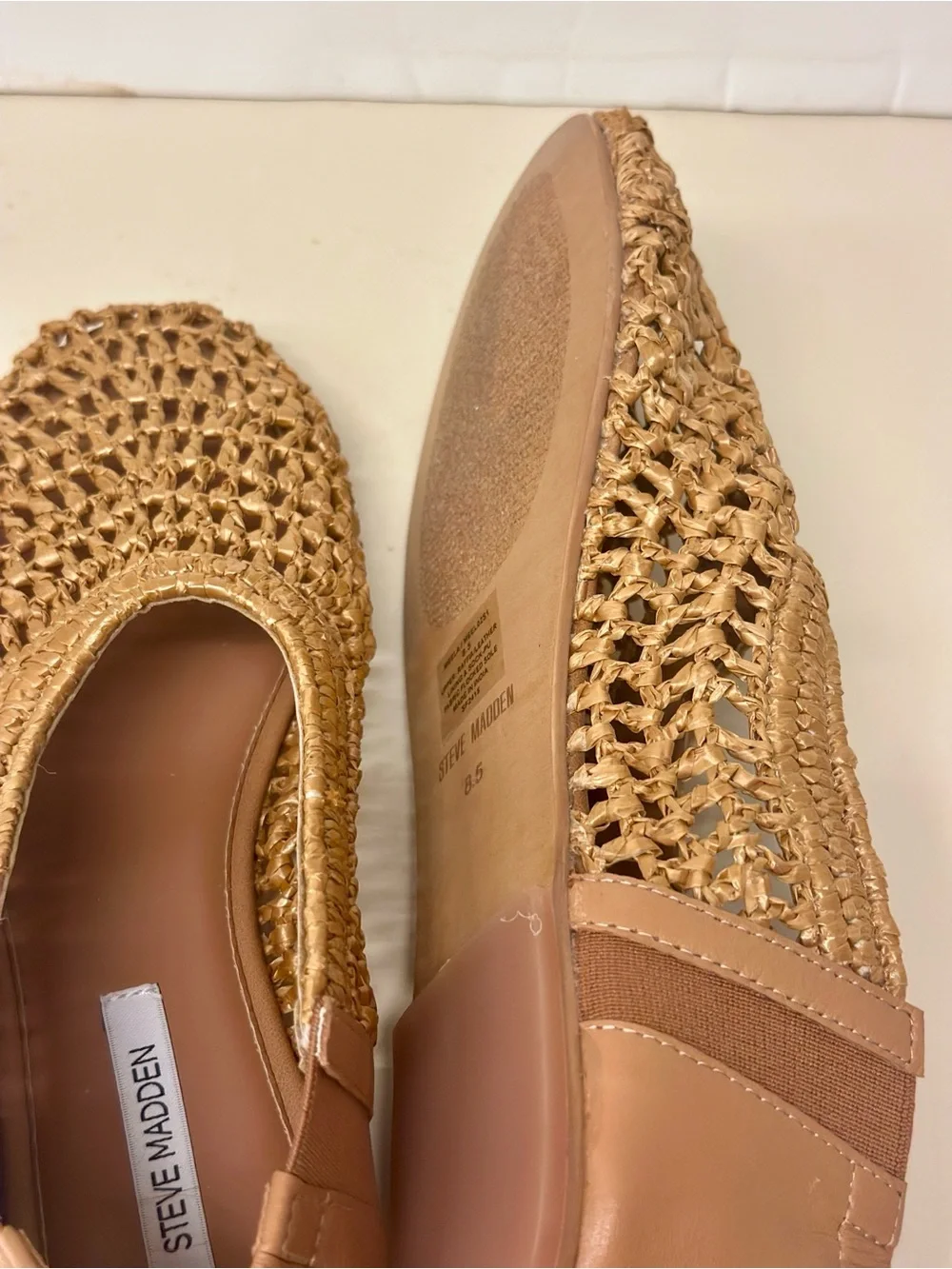 Steve Madden  Raffia/Leather Uppers in a Deep Tan almost Gold Slip-On Loafers